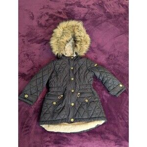 Kensie Girl Kids Jacket Black Snap / Zip Front Faux Fur Hood Trim Size 4T Winter